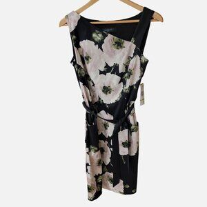 Nine West Black & Ivory Floral Print Dress Asymmetrical Neckline Size 14